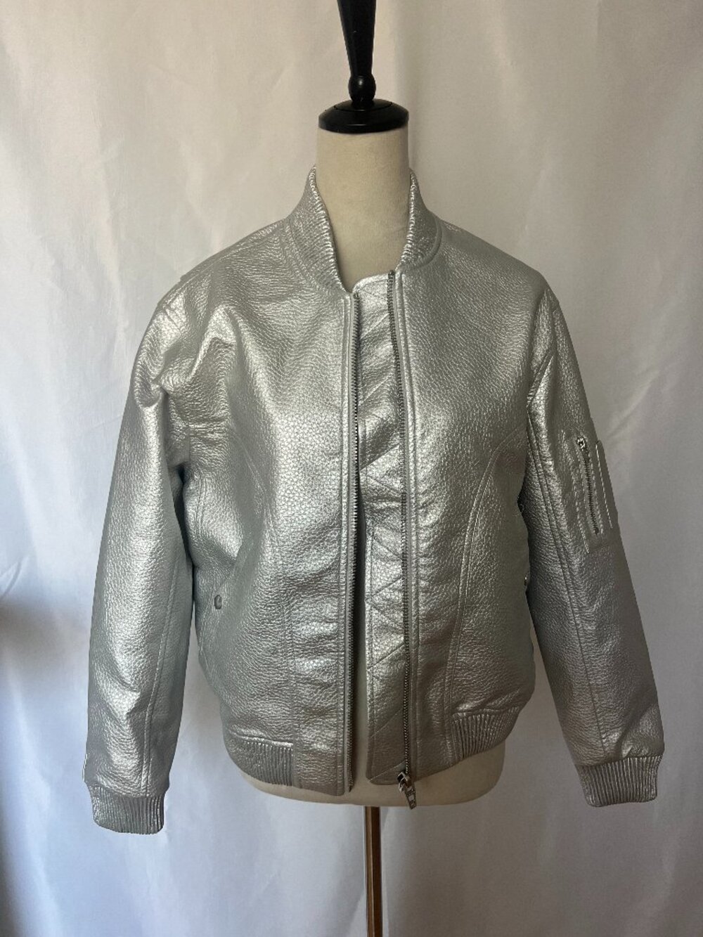 BlankNYC Metallic Silver Faux Leather Bomber Jacket NWOT S